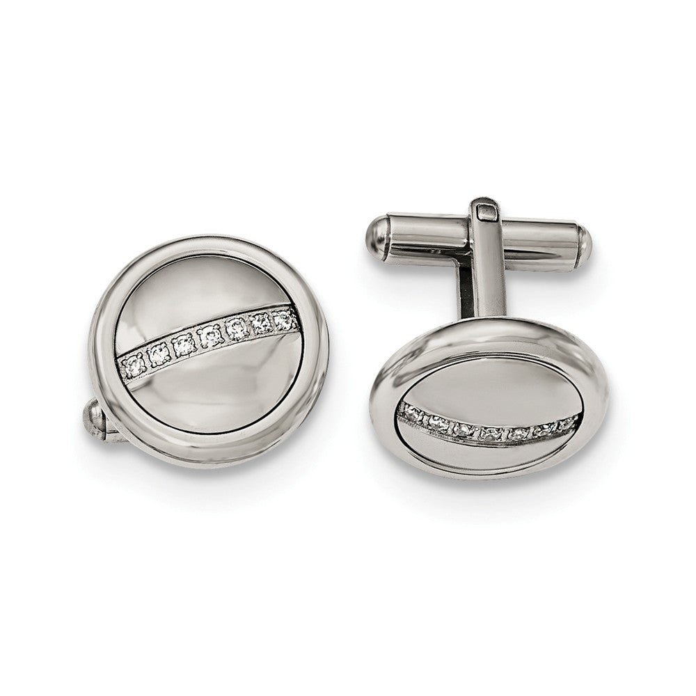 Men&#39;s Stainless Steel &amp; CZ 18mm Polished Round Cuff Links, Item M8298 by The Black Bow Jewelry Co.