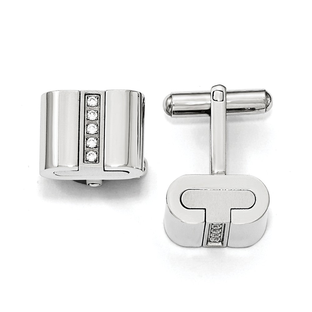 Men&#39;s Stainless Steel &amp; CZ Polished and Brushed 16mm Square Cuff Links, Item M8299 by The Black Bow Jewelry Co.