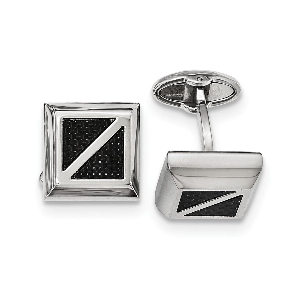 Men&#39;s 18mm Square Black Carbon Fiber and Stainless Steel Cuff Links, Item M8302 by The Black Bow Jewelry Co.