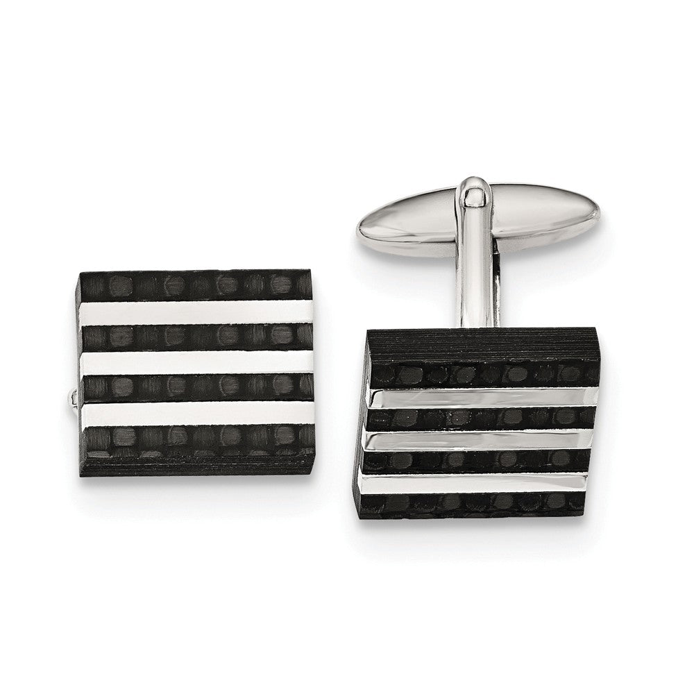 Men&#39;s Stainless Steel &amp; Blk Carbon Fiber Striped Rectangle Cuff Links, Item M8303 by The Black Bow Jewelry Co.