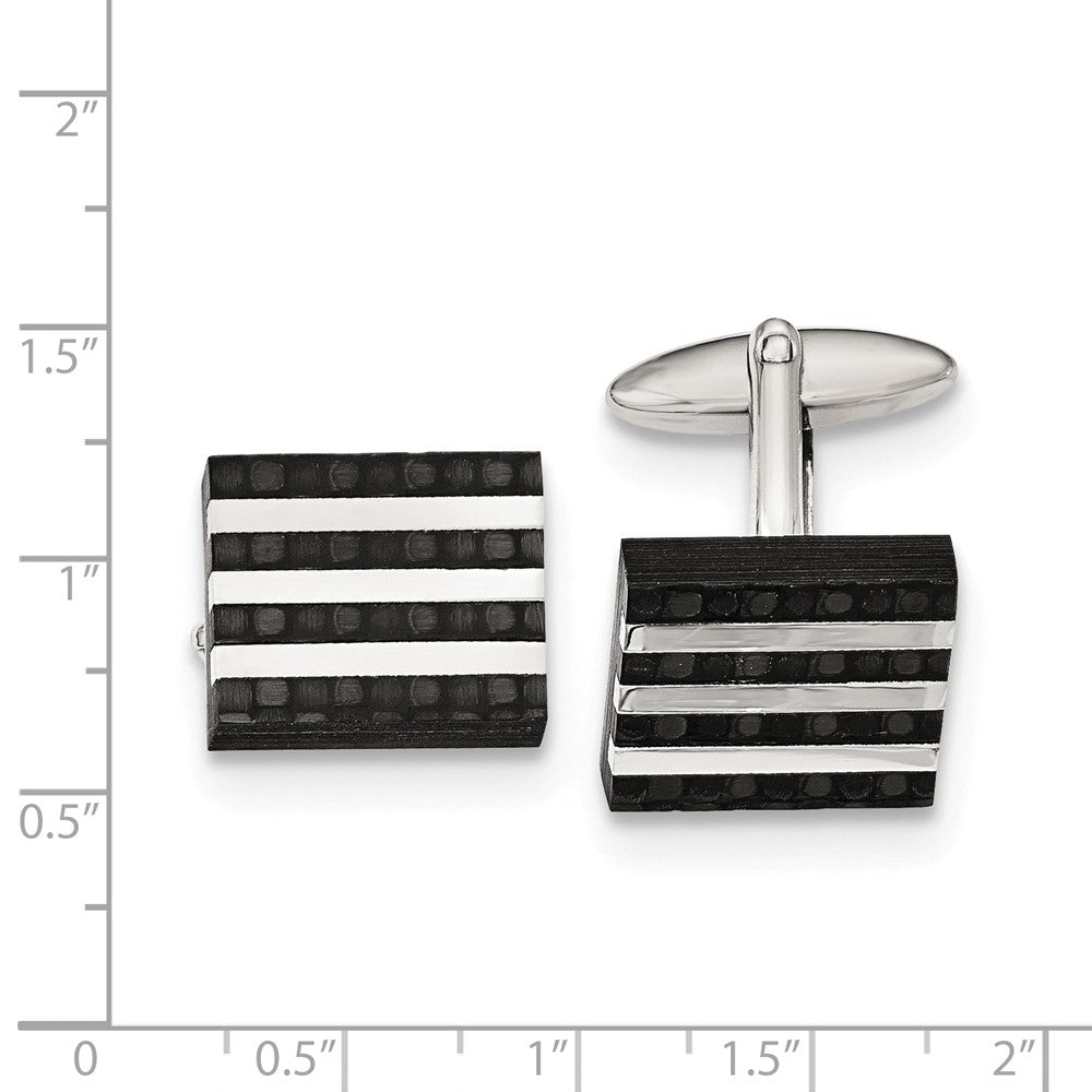 Alternate view of the Men&#39;s Stainless Steel &amp; Blk Carbon Fiber Striped Rectangle Cuff Links by The Black Bow Jewelry Co.