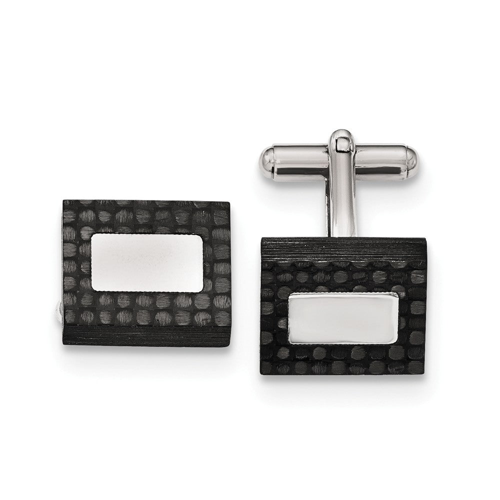 Men&#39;s Stainless Steel &amp; Black Carbon Fiber Rectangular Cuff Links, Item M8305 by The Black Bow Jewelry Co.