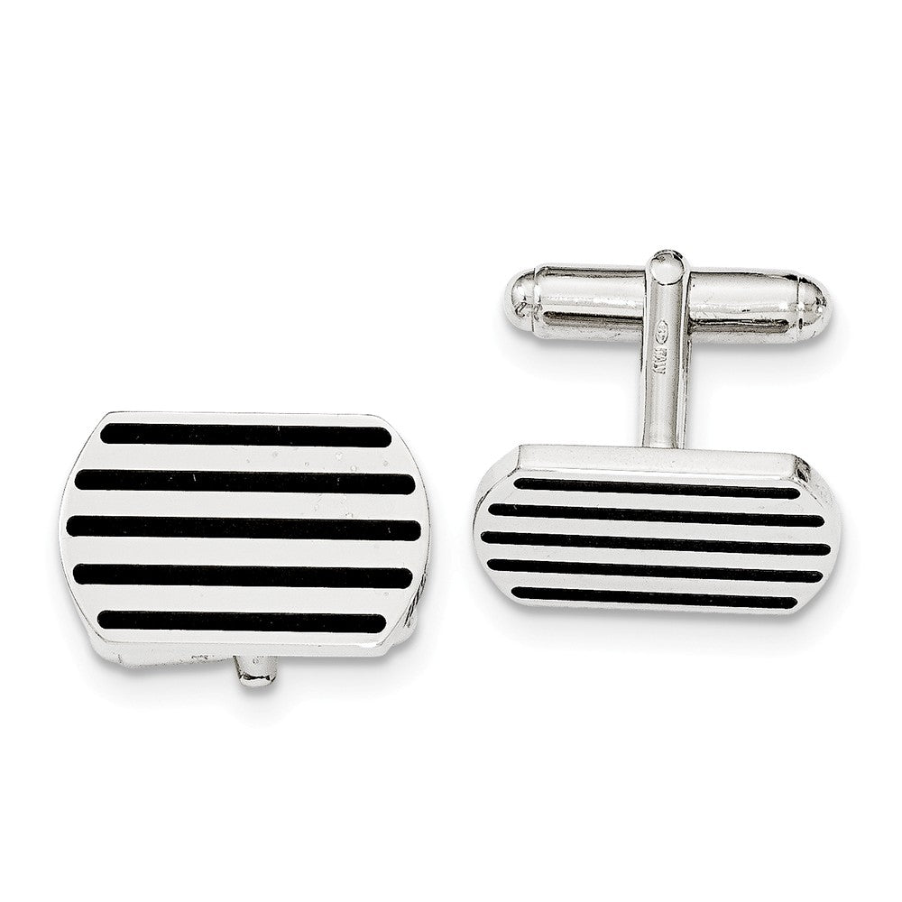 Men&#39;s Sterling Silver &amp; Black Rubber Polished Striped Cuff Links, Item M8331 by The Black Bow Jewelry Co.