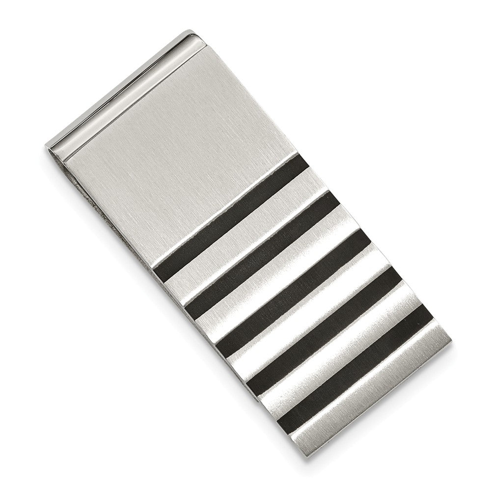 Striped Black Rubber and Brushed Stainless Steel Money Clip, Item M8336 by The Black Bow Jewelry Co.