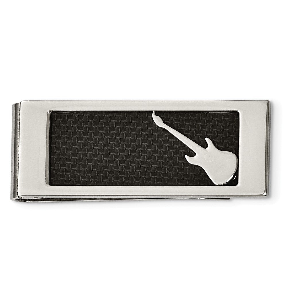 Electric Guitar Money Clip in Stainless Steel and Black Carbon Fiber, Item M8345 by The Black Bow Jewelry Co.
