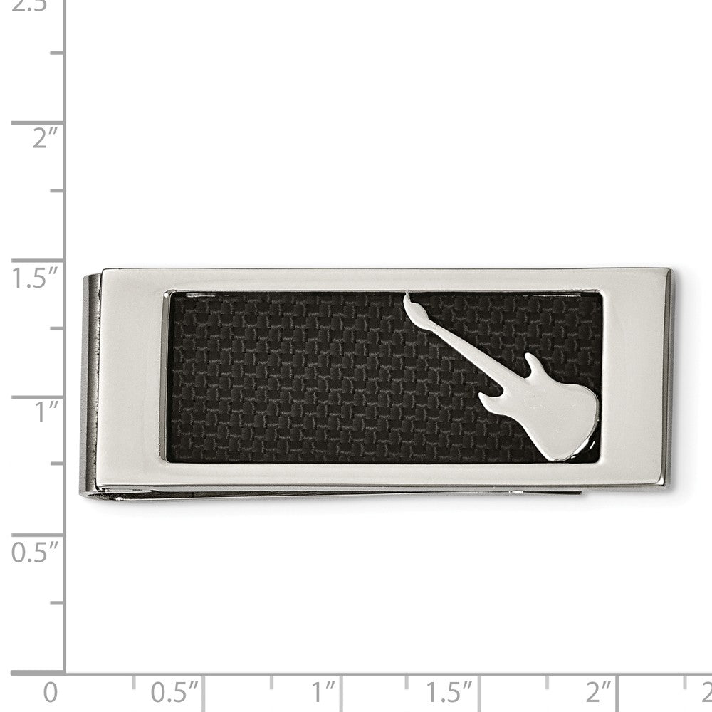 Alternate view of the Electric Guitar Money Clip in Stainless Steel and Black Carbon Fiber by The Black Bow Jewelry Co.