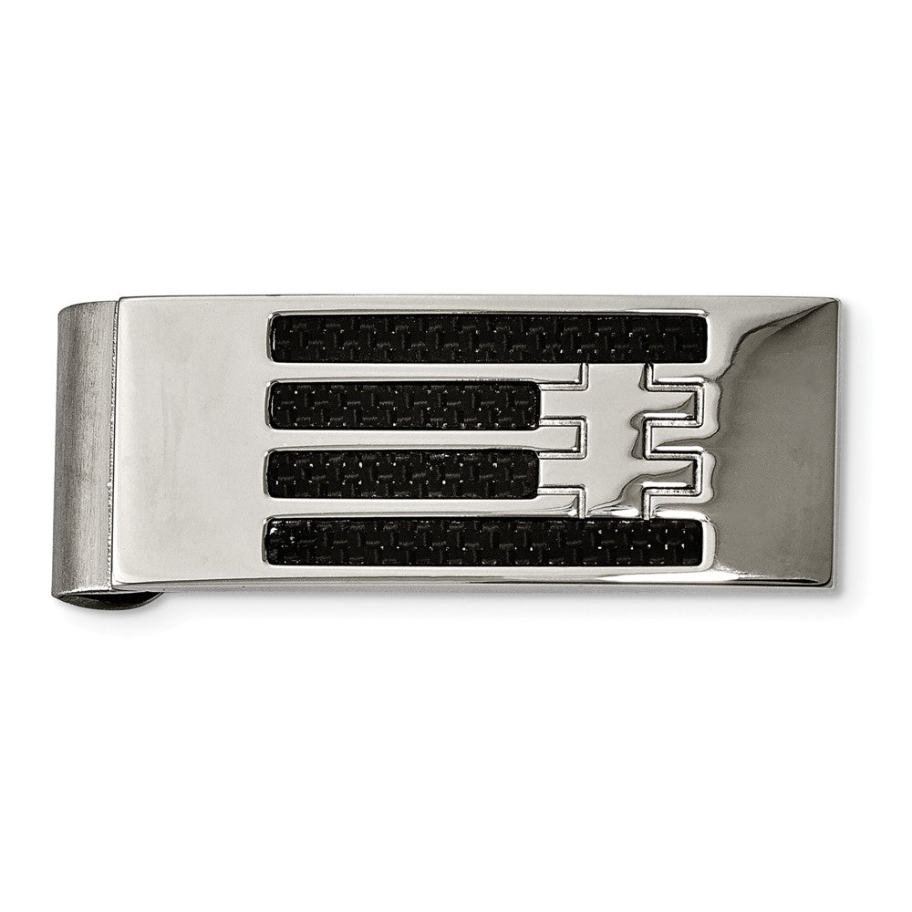 Black Carbon Fiber Striped and Polished Stainless Steel Money Clip, Item M8358 by The Black Bow Jewelry Co.