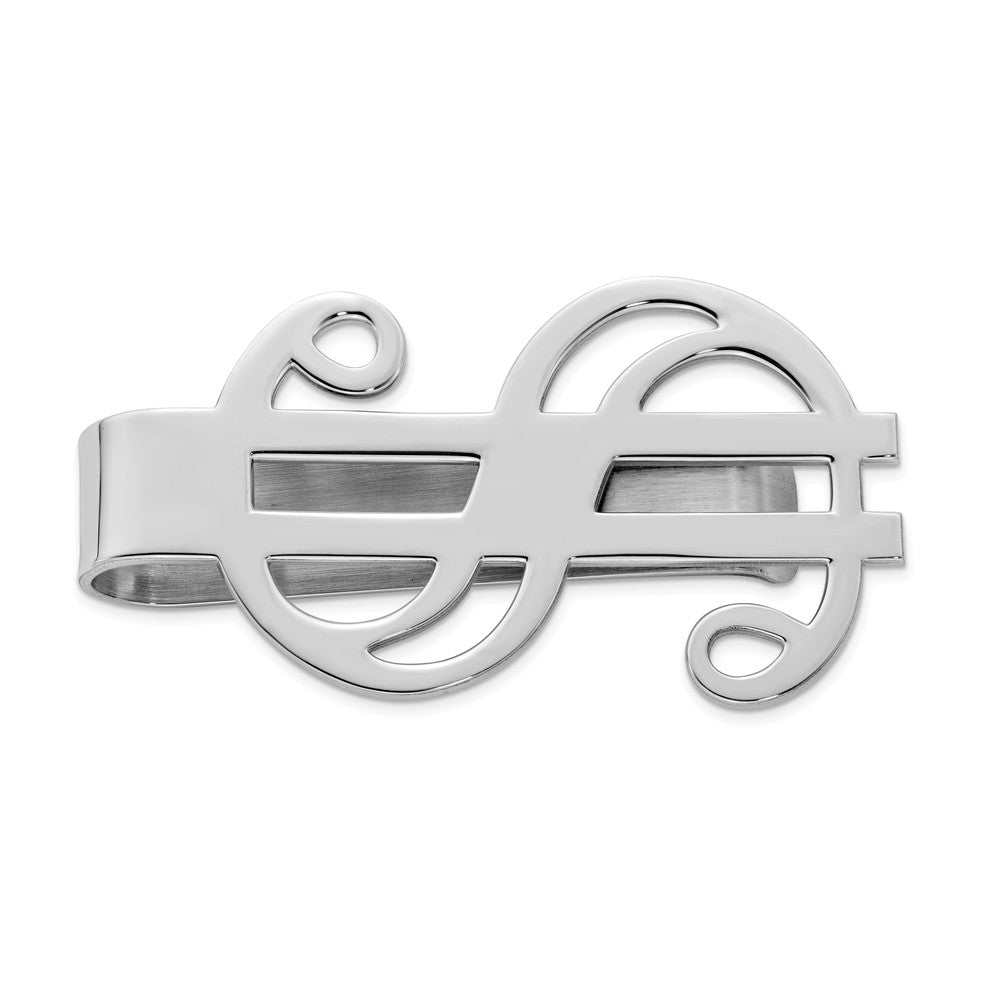 Polished Dollar Sign Money Clip in Rhodium Plated Sterling Silver, Item M8361 by The Black Bow Jewelry Co.