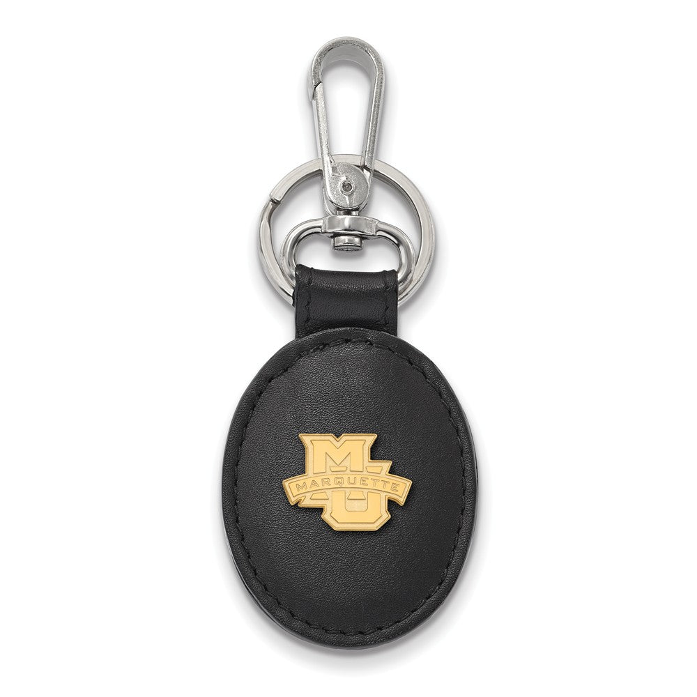 14k Gold Plated Silver Marquette U Black Leather Key Chain, Item M9359 by The Black Bow Jewelry Co.