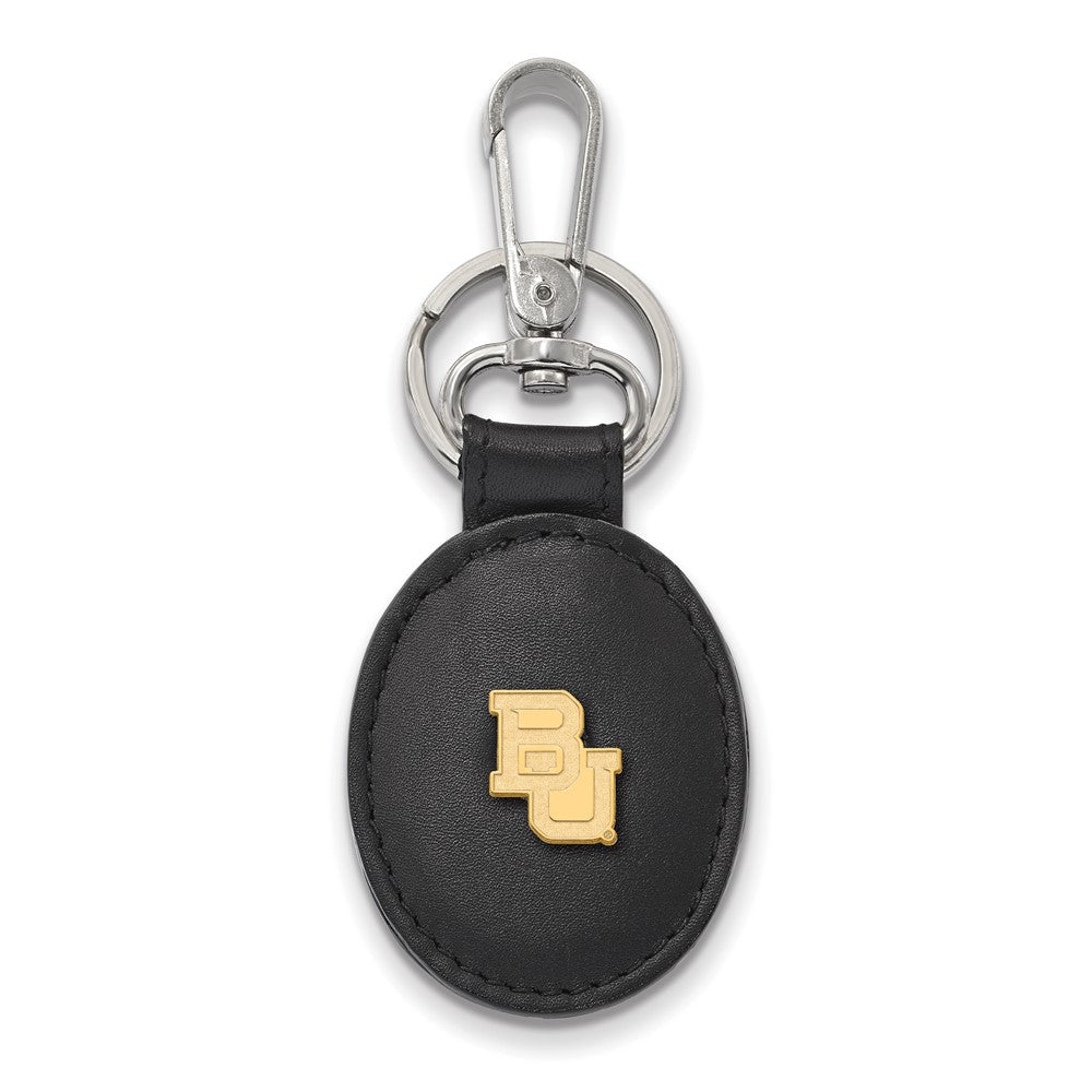 14k Gold Plated Silver Baylor U Black Leather Key Chain, Item M9363 by The Black Bow Jewelry Co.