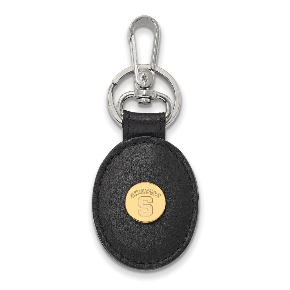 14k Gold Plated Silver Syracuse U Black Leather Key Chain, Item M9365 by The Black Bow Jewelry Co.