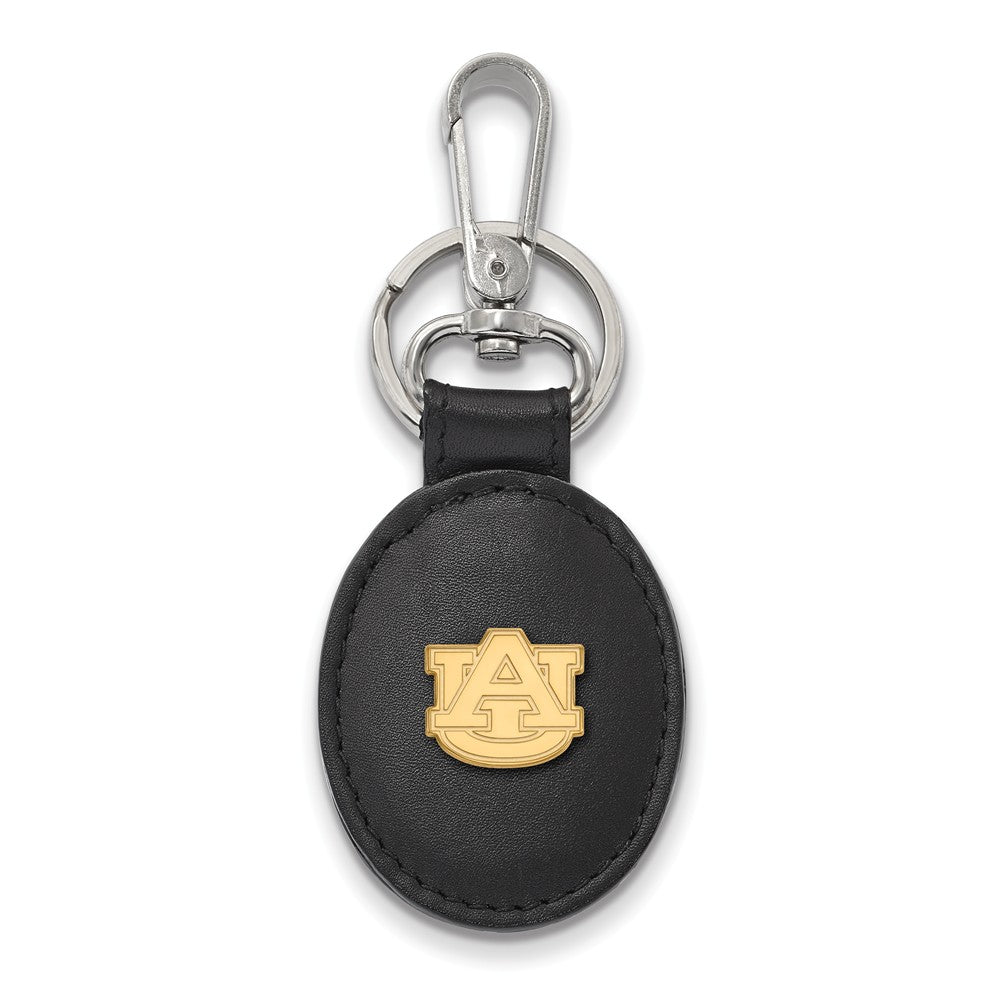 14k Gold Plated Silver Auburn U Black Leather Key Chain, Item M9369 by The Black Bow Jewelry Co.