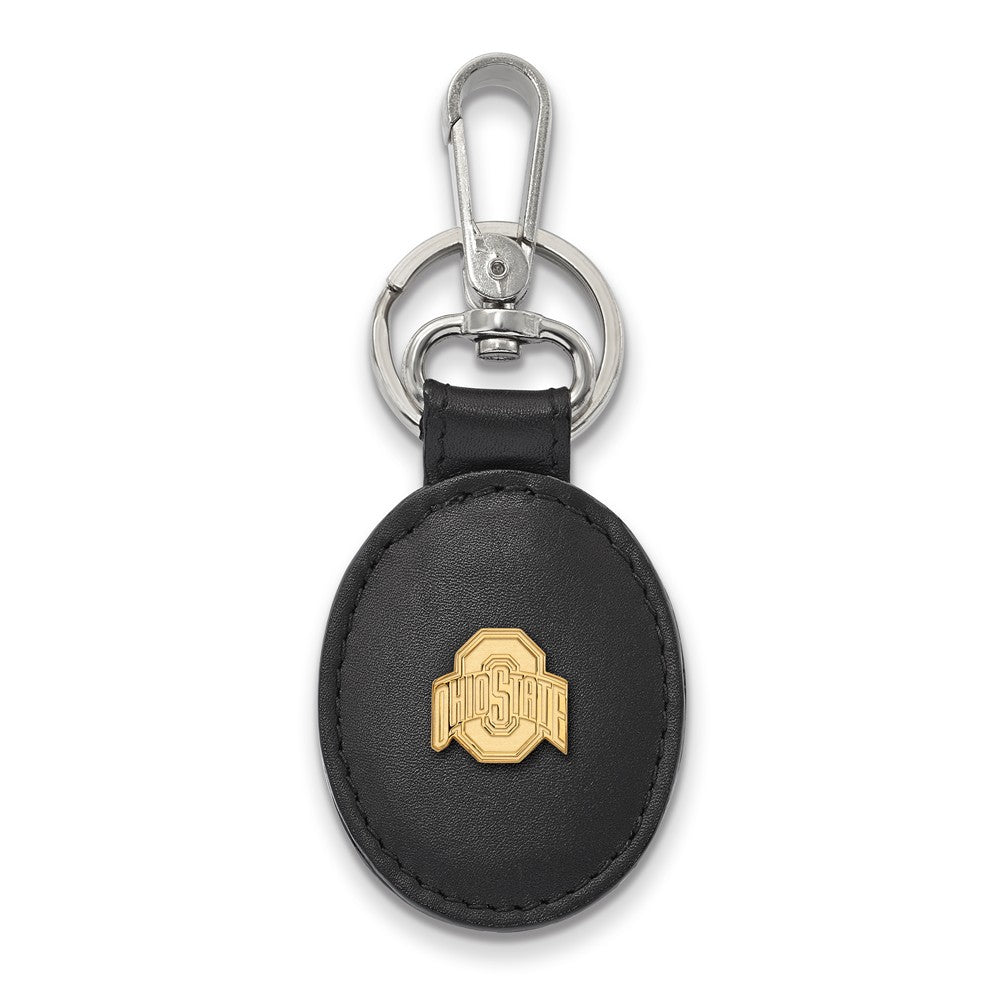 14k Gold Plated Silver Ohio State Black Leather Key Chain, Item M9378 by The Black Bow Jewelry Co.