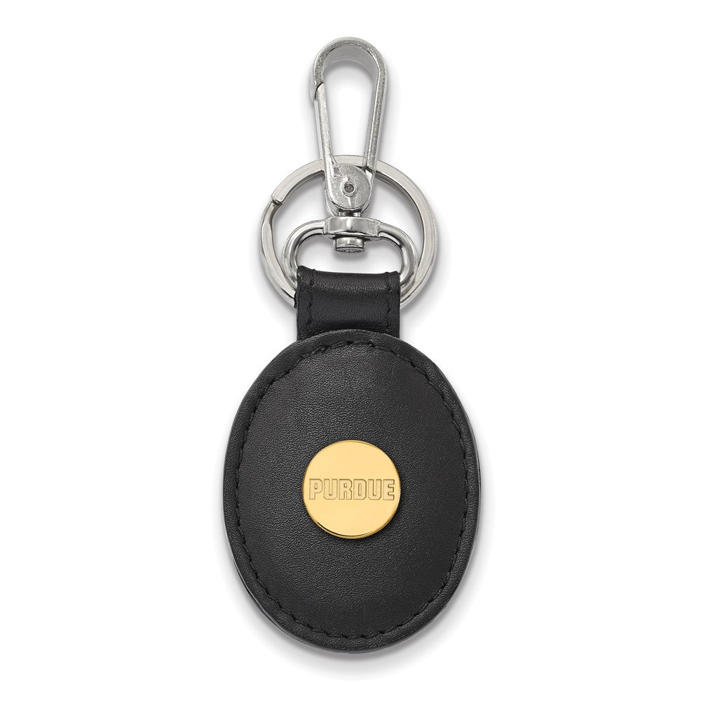 14k Gold Plated Silver Purdue Black Leather Logo Key Chain, Item M9379 by The Black Bow Jewelry Co.