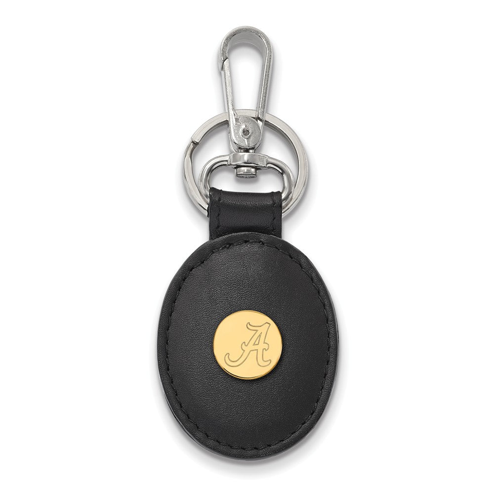 14k Gold Plated Silver U of Alabama Black Leather Logo Key Chain, Item M9381 by The Black Bow Jewelry Co.
