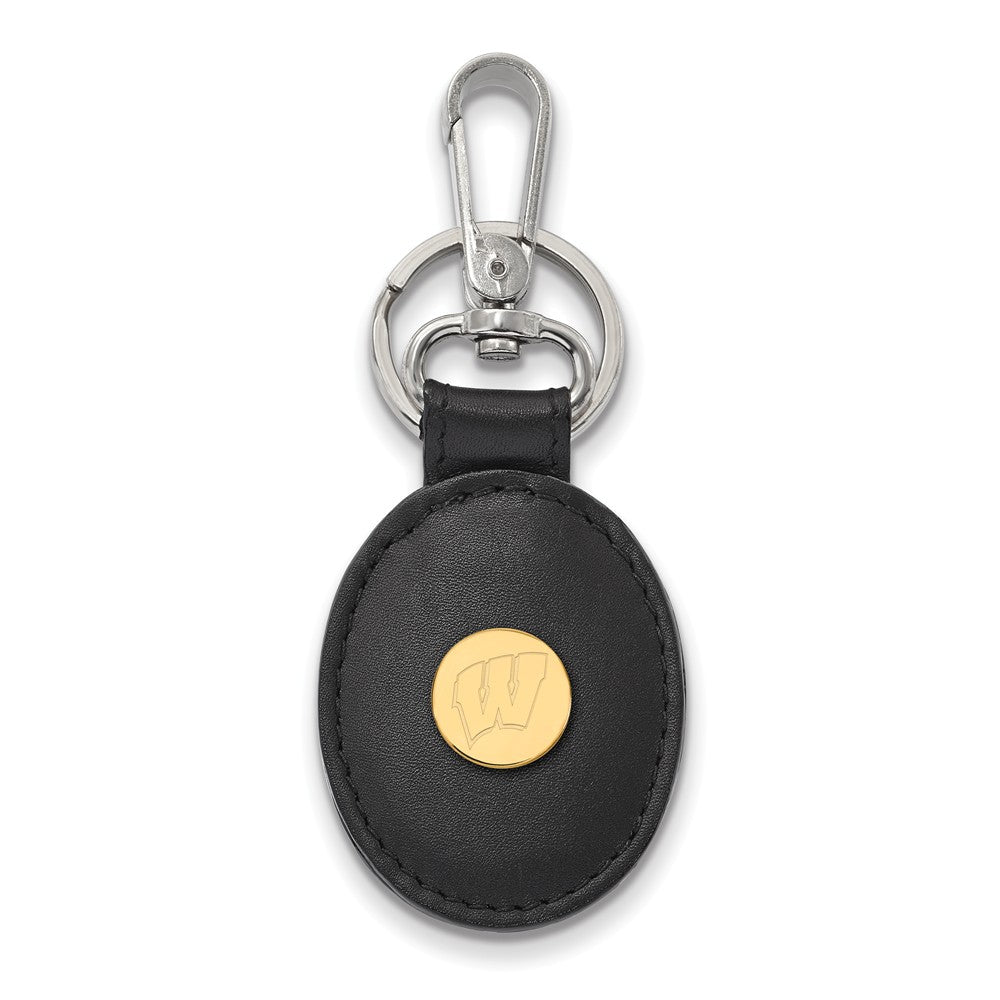 14k Gold Plated Silver Wisconsin Black Leather Logo Key Chain, Item M9393 by The Black Bow Jewelry Co.