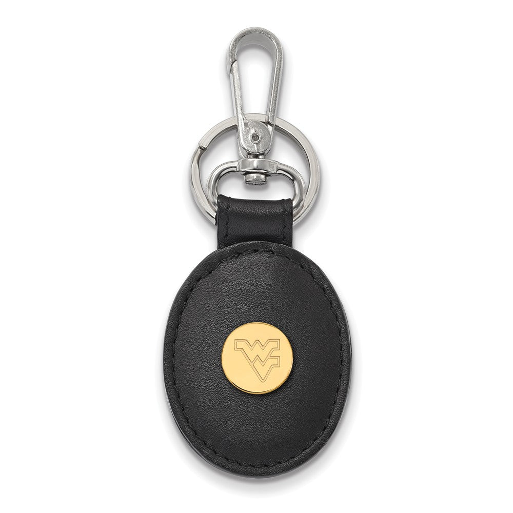 14k Gold Plated Silver West Virginia Black Leather Logo Key Chain, Item M9395 by The Black Bow Jewelry Co.