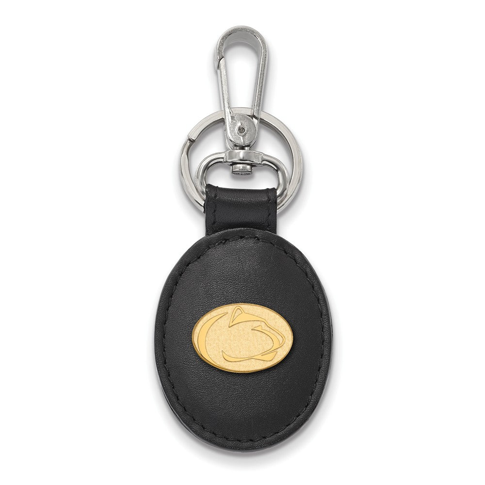 14k Gold Plated Silver Penn State Black Leather Key Chain, Item M9396 by The Black Bow Jewelry Co.