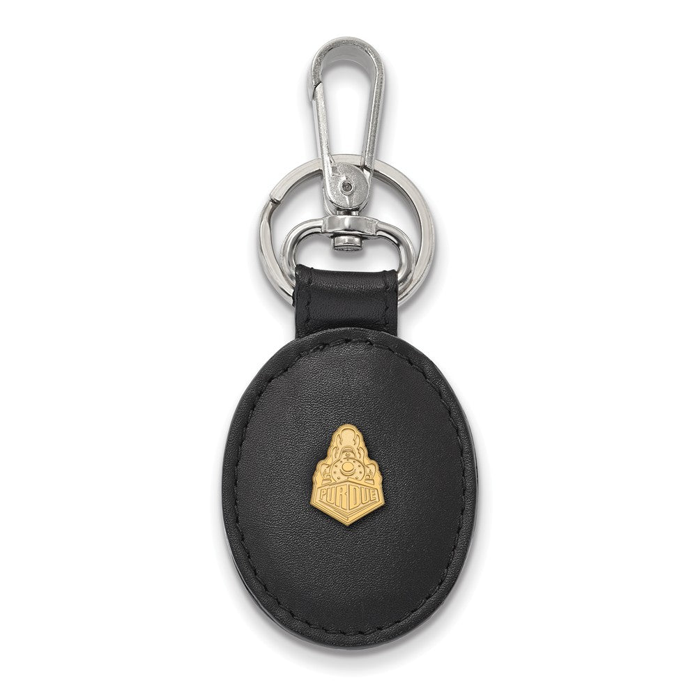 14k Gold Plated Silver Purdue Black Leather Key Chain, Item M9447 by The Black Bow Jewelry Co.