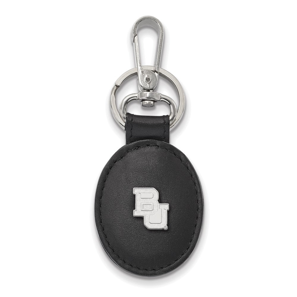 Sterling Silver Baylor U Black Leather Key Chain, Item M9486 by The Black Bow Jewelry Co.