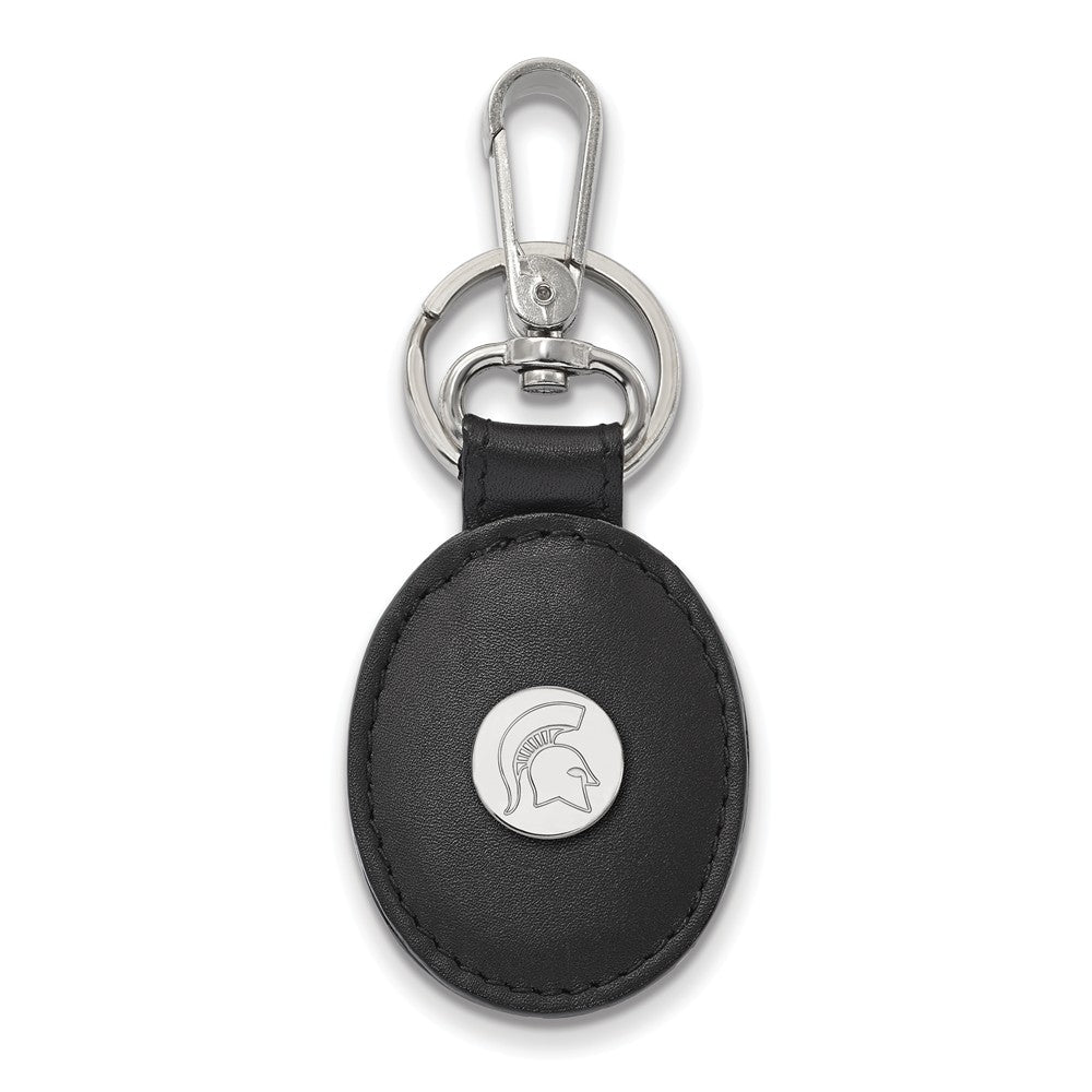 Sterling Silver Michigan State Black Leather Key Chain, Item M9585 by The Black Bow Jewelry Co.