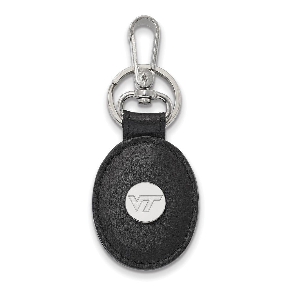 Sterling Silver Virginia Tech Black Leather Key Chain, Item M9595 by The Black Bow Jewelry Co.