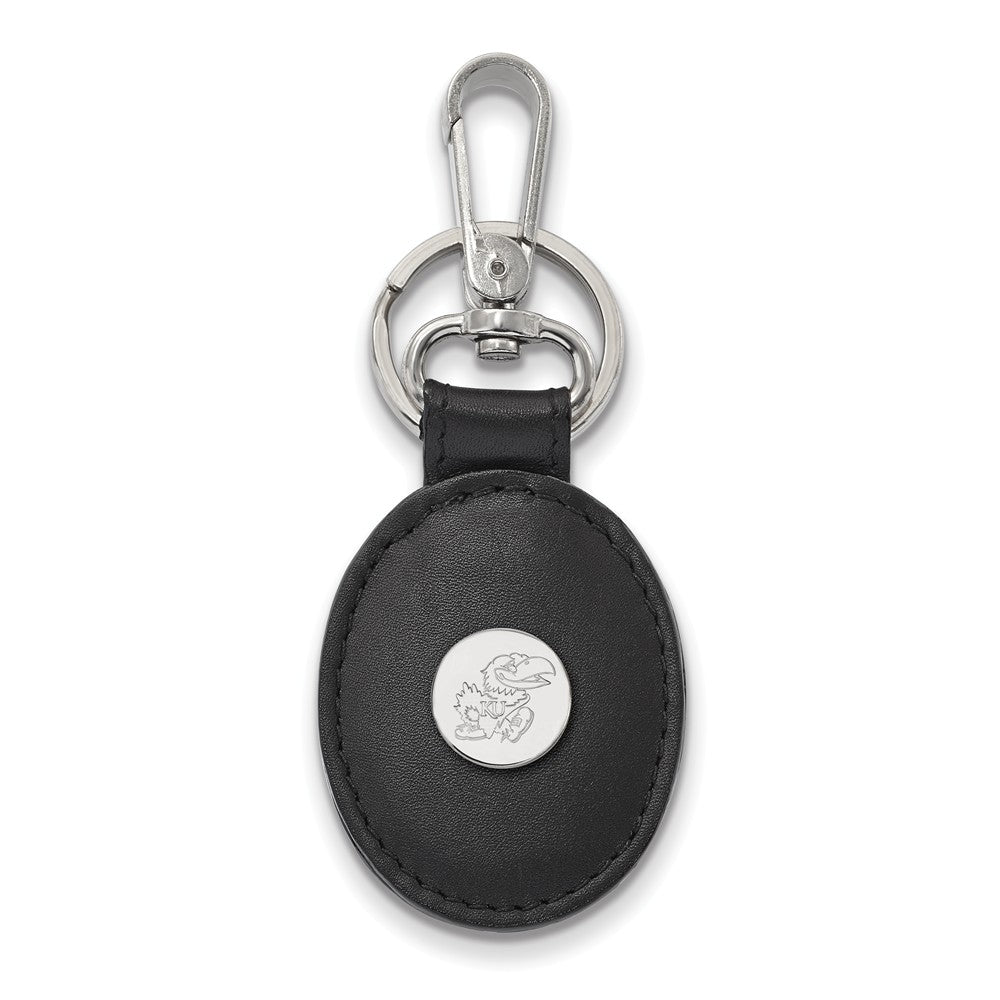 Sterling Silver U of Kansas Black Leather Key Chain, Item M9596 by The Black Bow Jewelry Co.