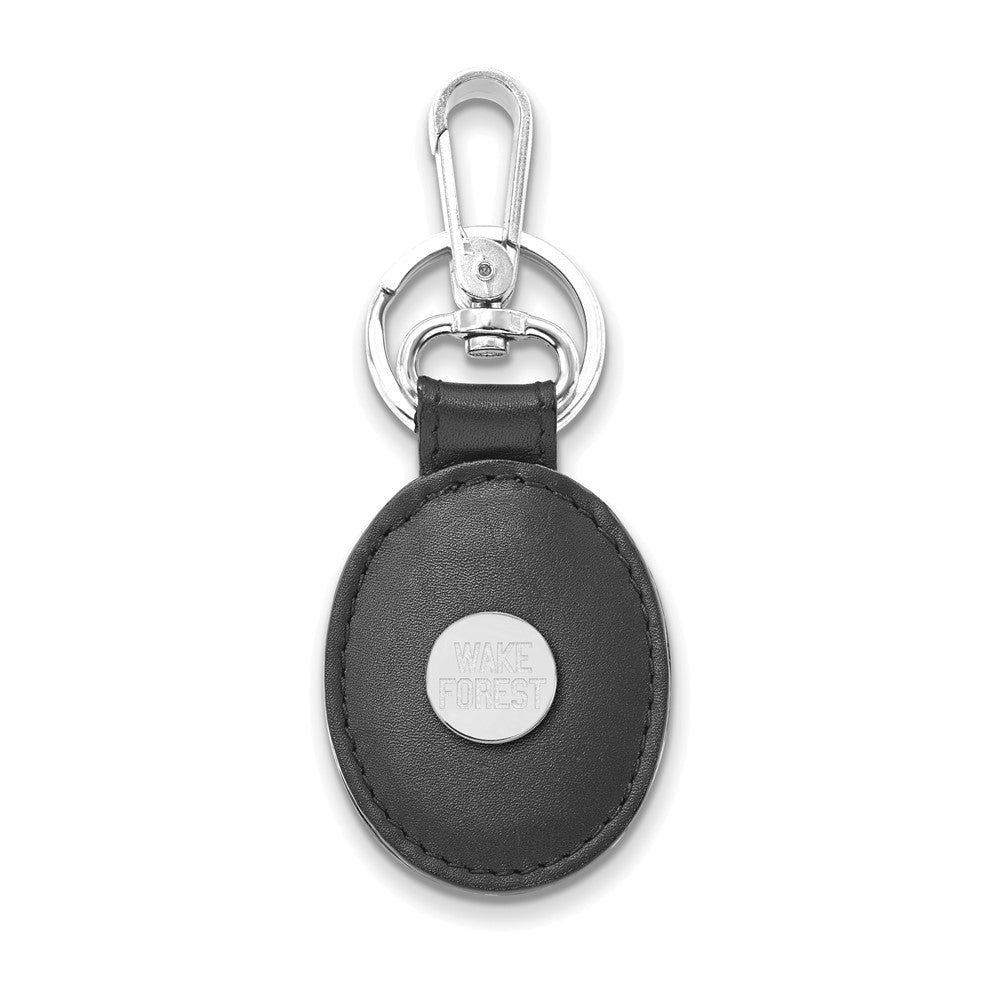 Sterling Silver Wake Forest U Black Leather Logo Key Chain, Item M9598 by The Black Bow Jewelry Co.