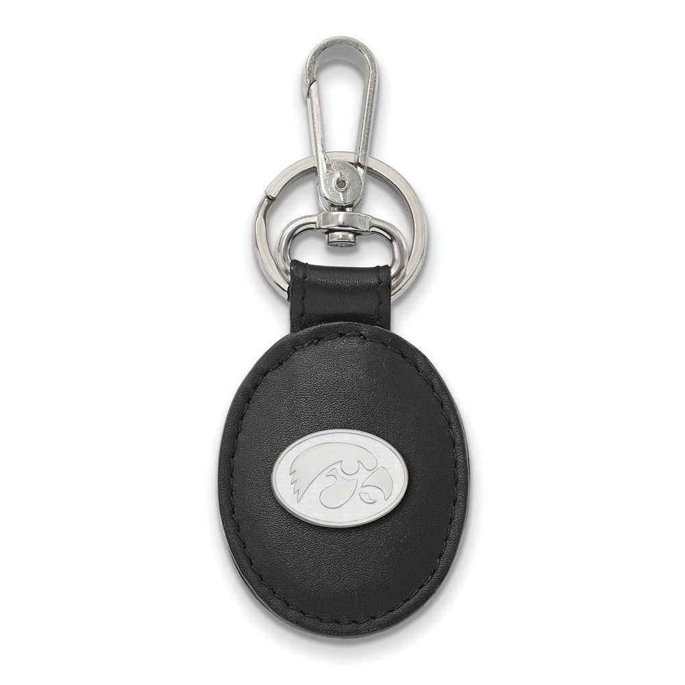 Sterling Silver U of Iowa Black Leather Key Chain, Item M9603 by The Black Bow Jewelry Co.