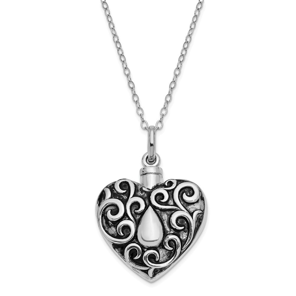 Sterling Silver Antiqued Grieving Heart Ash Holder Necklace, 18 Inch, Item N10145 by The Black Bow Jewelry Co.
