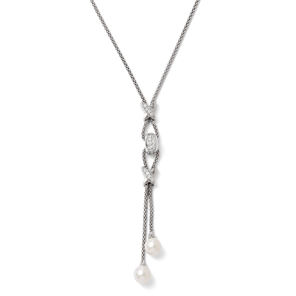 CZ and Freshwater Cultured Pearl Drop Necklace in Sterling Silver, Item N10185 by The Black Bow Jewelry Co.