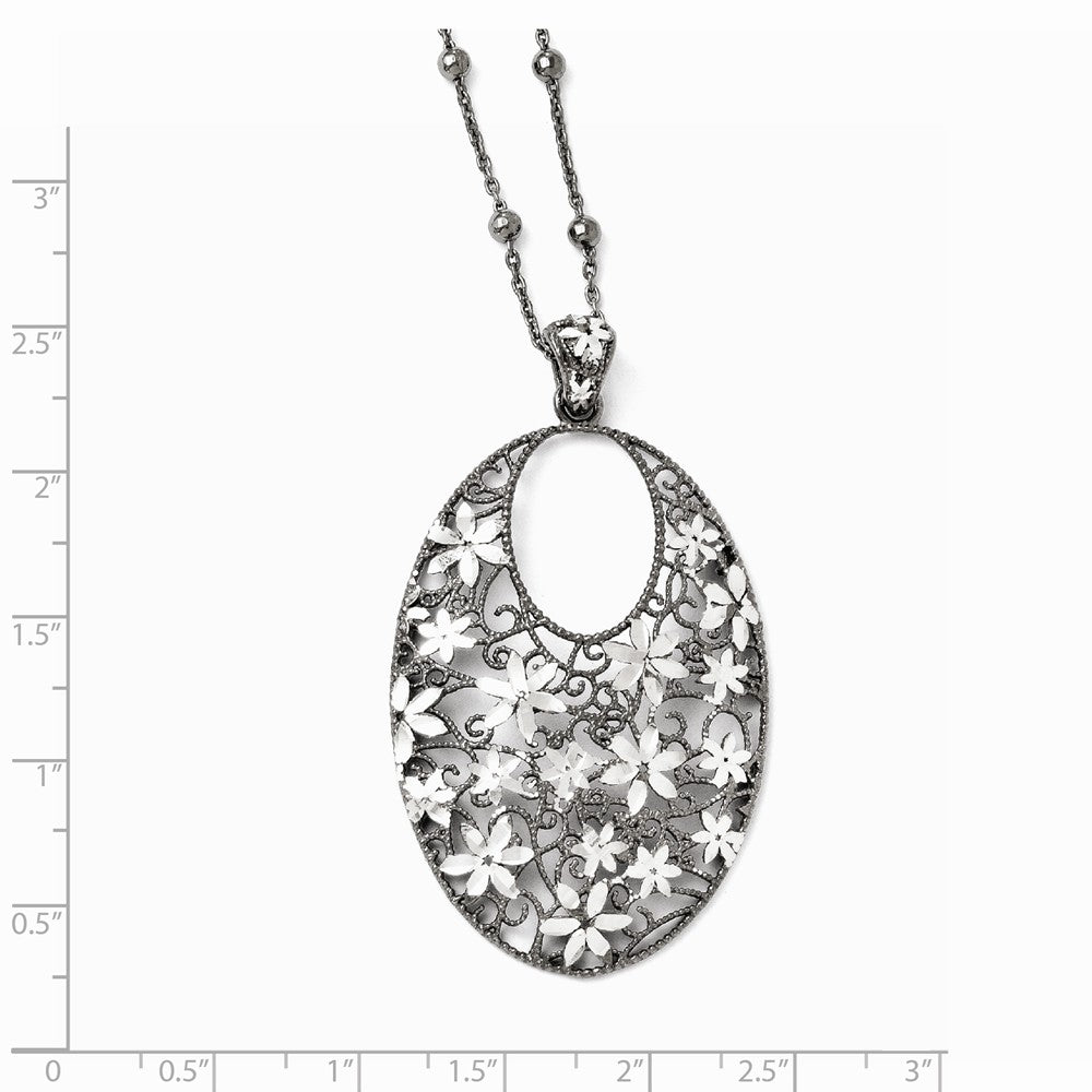 Alternate view of the Two Tone Floral Oval Necklace in Black Plated Silver, 16-18 Inch by The Black Bow Jewelry Co.