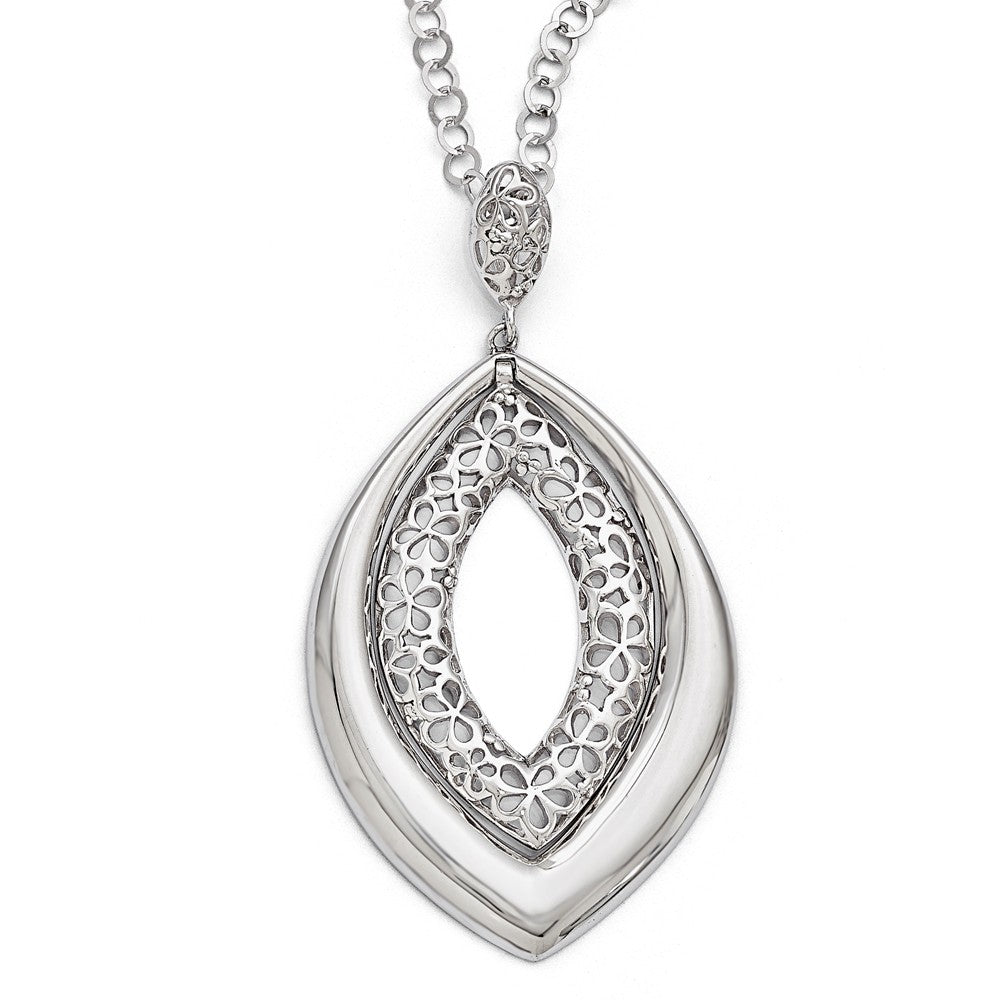 Polished and Floral Marquise Shaped Necklace in Sterling Silver, 18 in, Item N10259 by The Black Bow Jewelry Co.