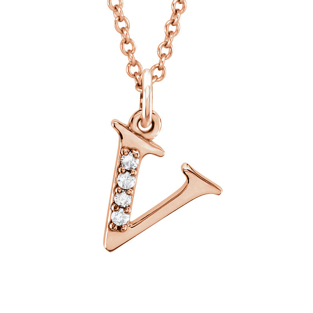 The Abbey 14k Rose Gold Diamond Lower Case Initial &#39;v&#39; Necklace 16 In, Item N10369-V by The Black Bow Jewelry Co.