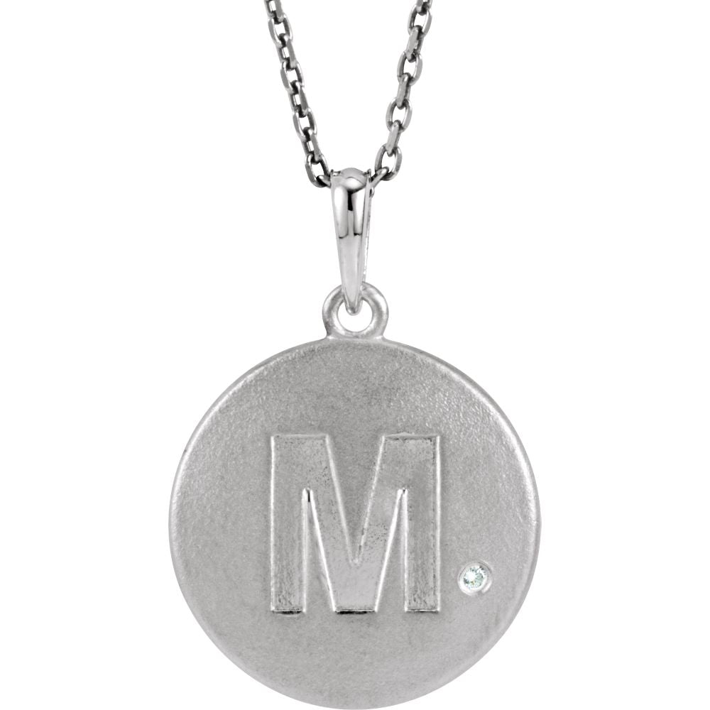 The Emma Sterling Silver Diamond Block Initial M Disc Necklace, 18 In., Item N10370-M by The Black Bow Jewelry Co.