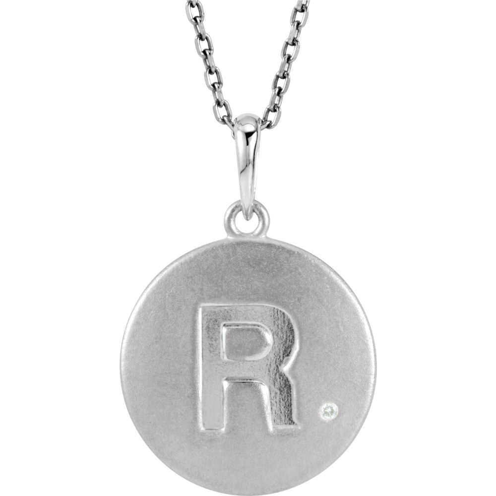 The Emma Sterling Silver Diamond Block Initial R Disc Necklace, 18 In., Item N10370-R by The Black Bow Jewelry Co.