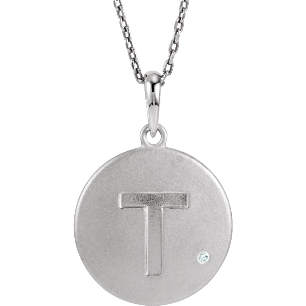 The Emma Sterling Silver Diamond Block Initial T Disc Necklace, 18 In., Item N10370-T by The Black Bow Jewelry Co.
