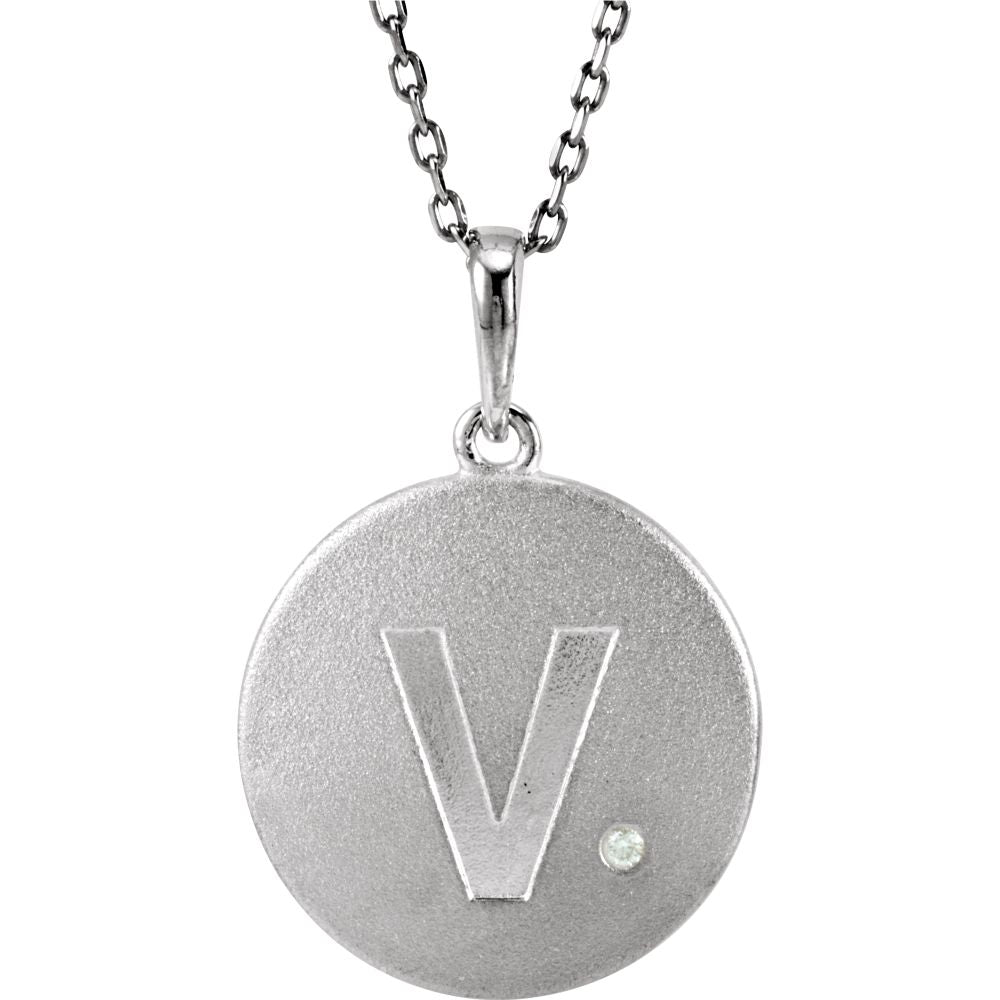 The Emma Sterling Silver Diamond Block Initial V Disc Necklace, 18 In., Item N10370-V by The Black Bow Jewelry Co.