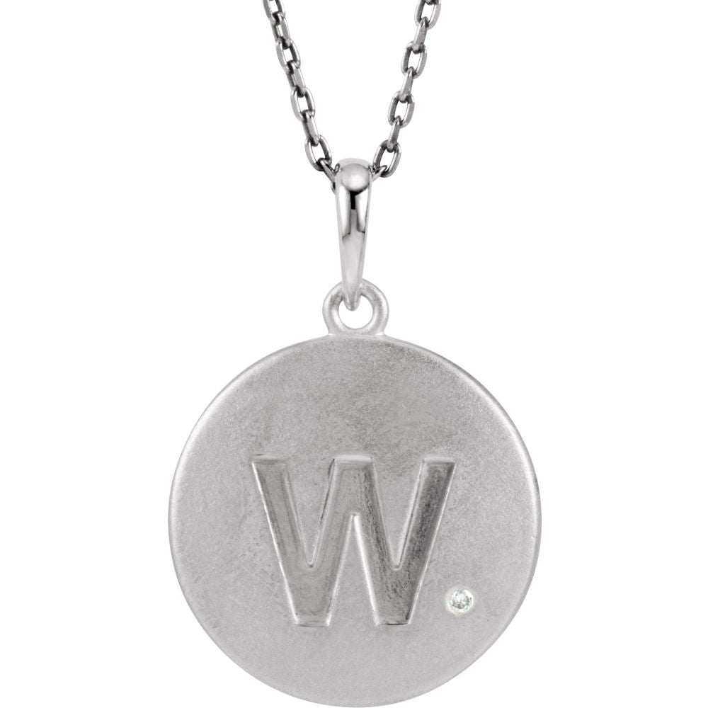 The Emma Sterling Silver Diamond Block Initial W Disc Necklace, 18 In., Item N10370-W by The Black Bow Jewelry Co.