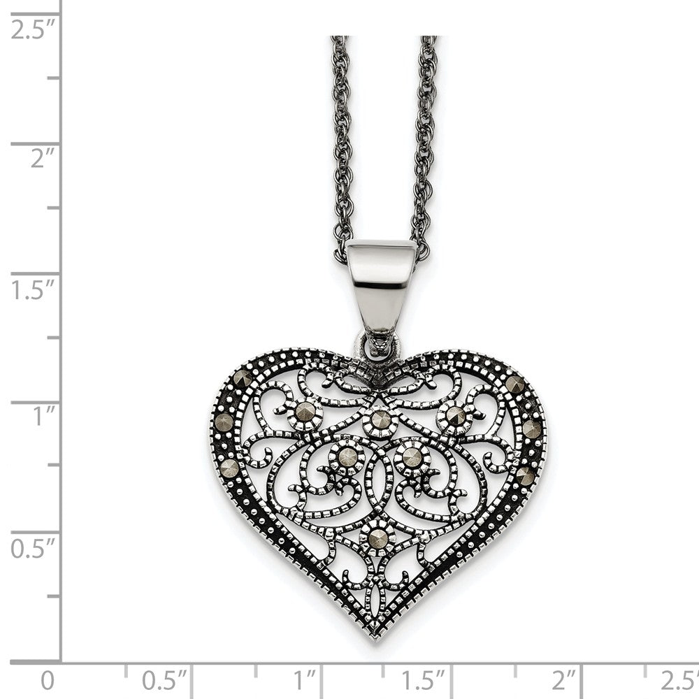 Alternate view of the Marcasite Scroll Heart Necklace in Antiqued Stainless Steel, 20 Inch by The Black Bow Jewelry Co.