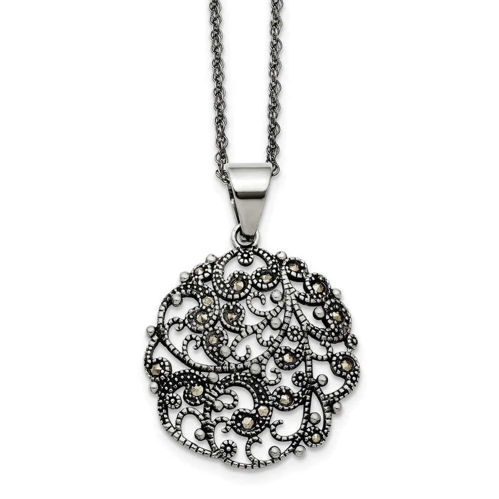 Marcasite Scroll Circle Necklace in Antiqued Stainless Steel, 20 Inch, Item N10373 by The Black Bow Jewelry Co.