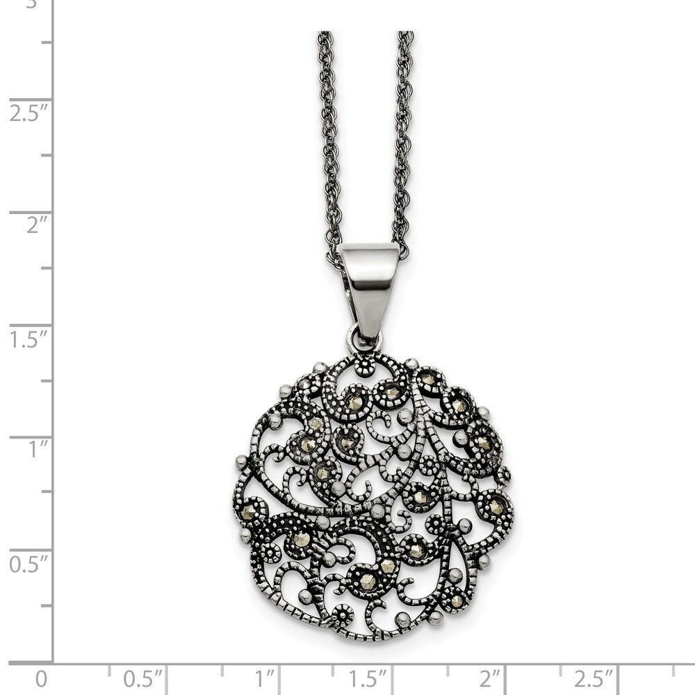 Alternate view of the Marcasite Scroll Circle Necklace in Antiqued Stainless Steel, 20 Inch by The Black Bow Jewelry Co.