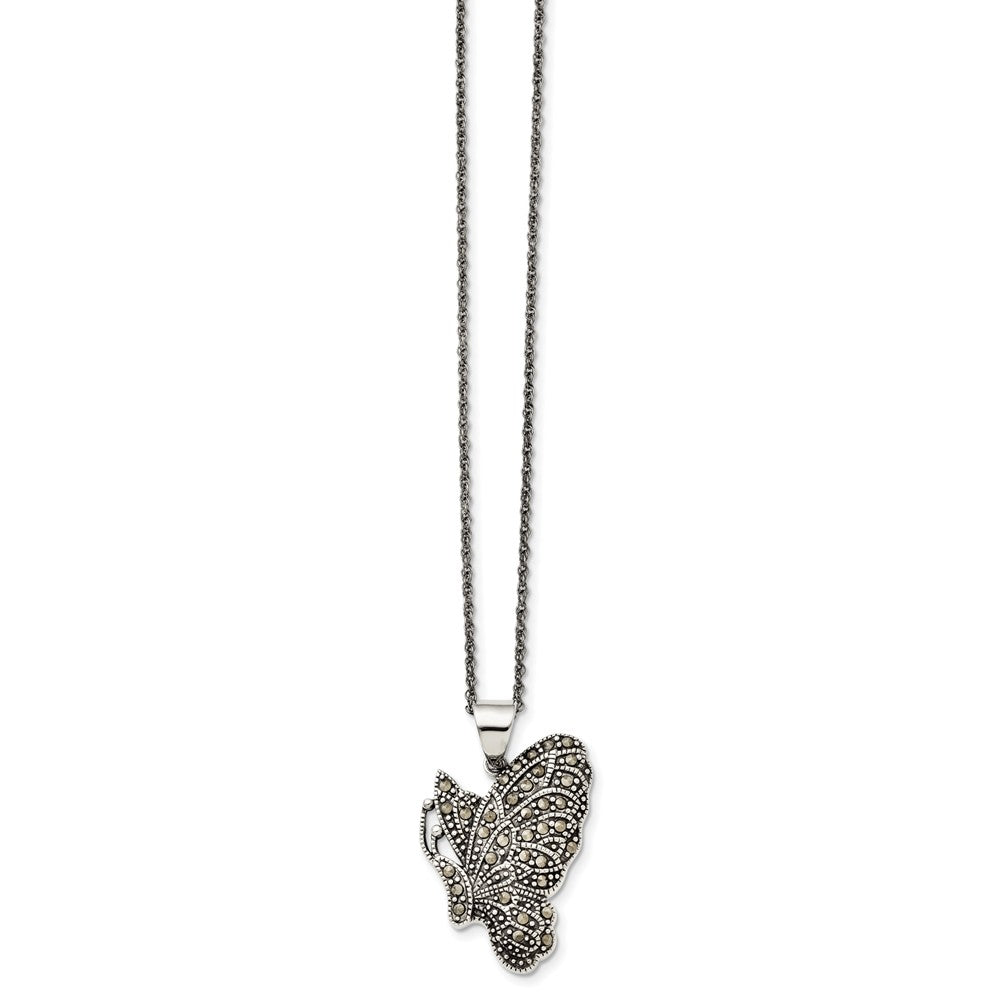 Marcasite Butterfly Necklace in Antiqued Stainless Steel, 20 Inch, Item N10374 by The Black Bow Jewelry Co.