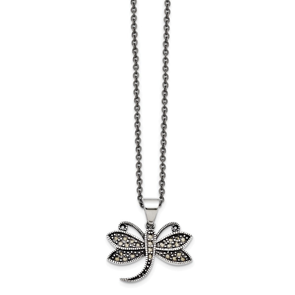 Marcasite Dragonfly Necklace in Antiqued Stainless Steel, 18 Inch, Item N10375 by The Black Bow Jewelry Co.