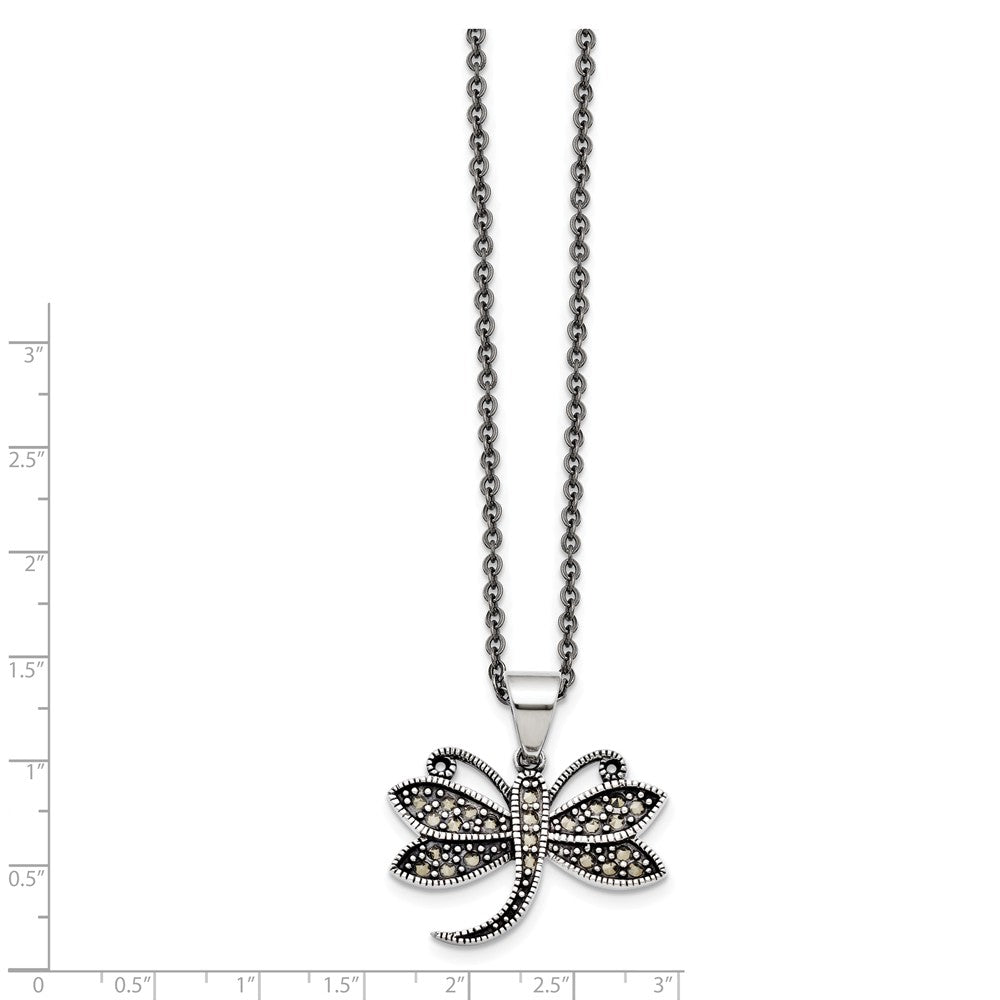 Alternate view of the Marcasite Dragonfly Necklace in Antiqued Stainless Steel, 18 Inch by The Black Bow Jewelry Co.