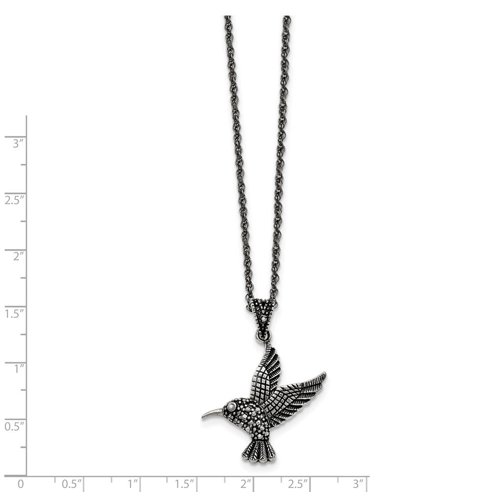 Alternate view of the Marcasite Hummingbird Necklace in Antiqued Stainless Steel, 18 Inch by The Black Bow Jewelry Co.