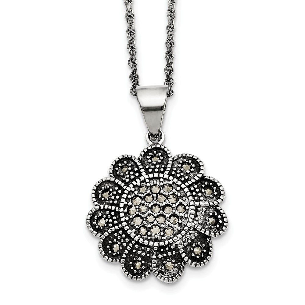 Marcasite Flower Necklace in Antiqued Stainless Steel, 20 Inch, Item N10377 by The Black Bow Jewelry Co.