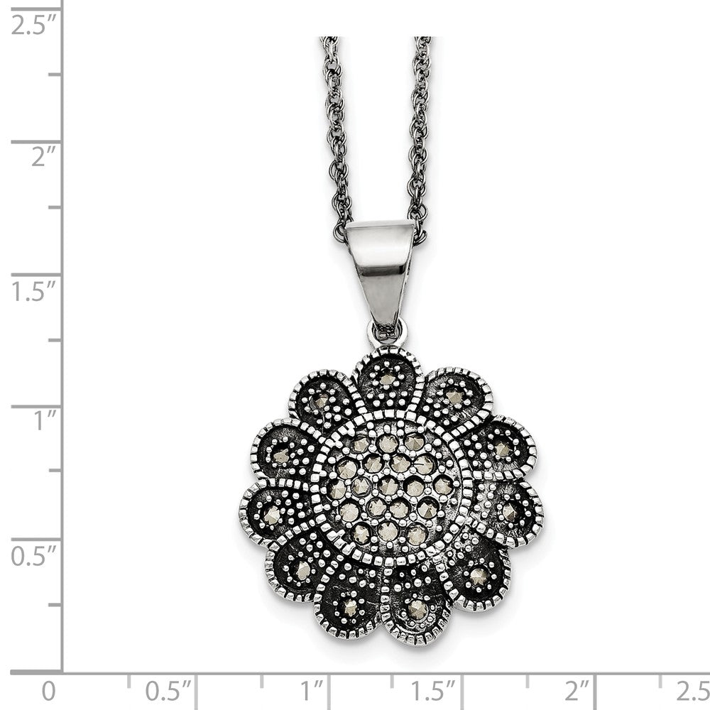 Alternate view of the Marcasite Flower Necklace in Antiqued Stainless Steel, 20 Inch by The Black Bow Jewelry Co.