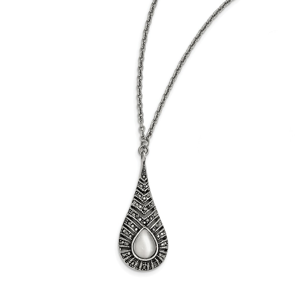Marcasite &amp; Cat&#39;s Eye Teardrop Necklace in Antiqued Stainless Steel, Item N10378 by The Black Bow Jewelry Co.