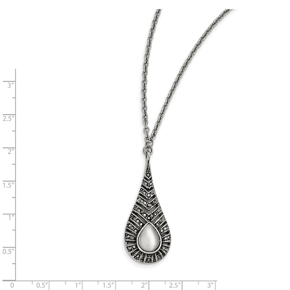 Alternate view of the Marcasite &amp; Cat&#39;s Eye Teardrop Necklace in Antiqued Stainless Steel by The Black Bow Jewelry Co.